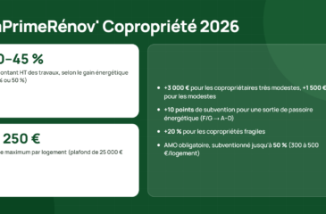 Infographie MaPrimeRénov' Copropriété 2026 : aide de 30–45 % des travaux HT, jusqu'à 11 250 € par logement, avec bonus pour ménages modestes et passoires énergétiques